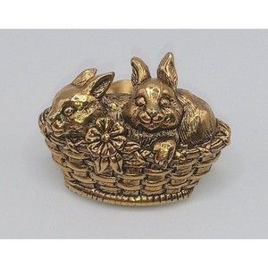 Avon Basket of Love Lapel Pin Tie Tack Two Bunnies in Basket Gold Tone Vintage